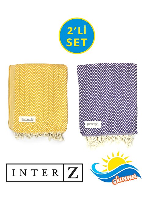 INTER Z 2'li Set Peştemal Plaj Havlusu , %100 Pamuk , Xxl 100x180cm, , Sarı Mor