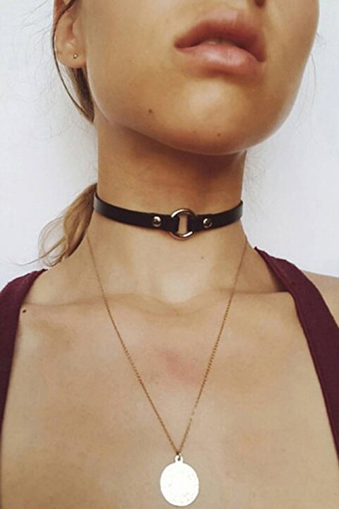 Angels Passion Kadın Deri Choker Metal Halka Tokalı İnce Boyun Bandı Siyah