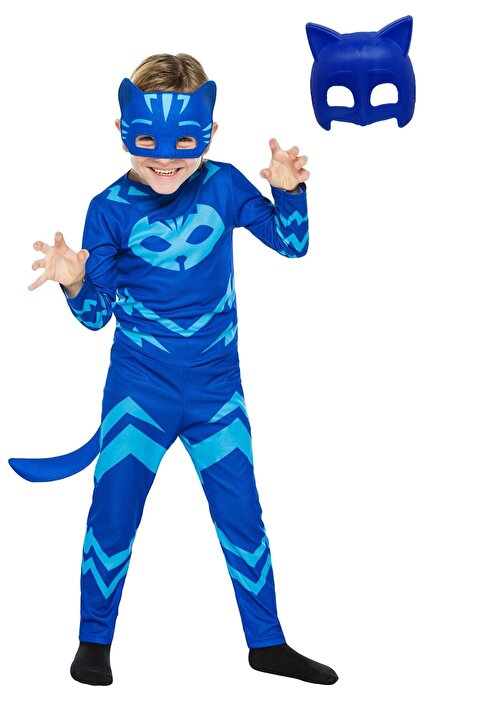 Genel Markalar Pija Maskeliler Kedi Çocuk Mavi Maskeli Pelerinli Kostüm Pj Mask Doğum Günü Kostümü