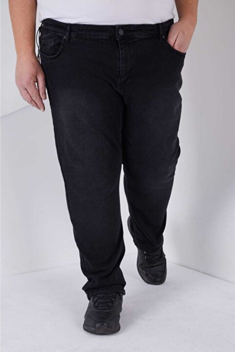Public Jeans Erkek Siyah Taşlamalı Süper Battal Beden Likralı Normal Bel Düz Paça Kot Pantolon 11522