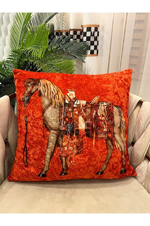 Brillant %100 Kadife At Desenli Kırlent Yastık Kılıfı (TURUNCU) 45x45