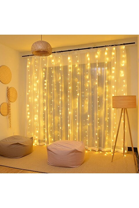 Huzur Party Store 3x3 Metre Ramazan Bayramı Işığı Loş Sarı Peri Perde Led Usb Girişli Kumandalı 8 Fonksiyonlu Işık