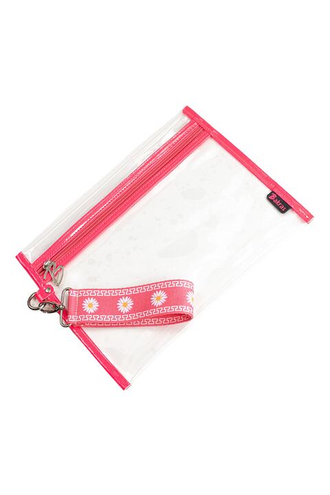 Bakras Pembe Papatya Desenli Su Geçirmez Mayo Çantası Organizer Şeffaf Makyaj Çantası 27x21 Cm