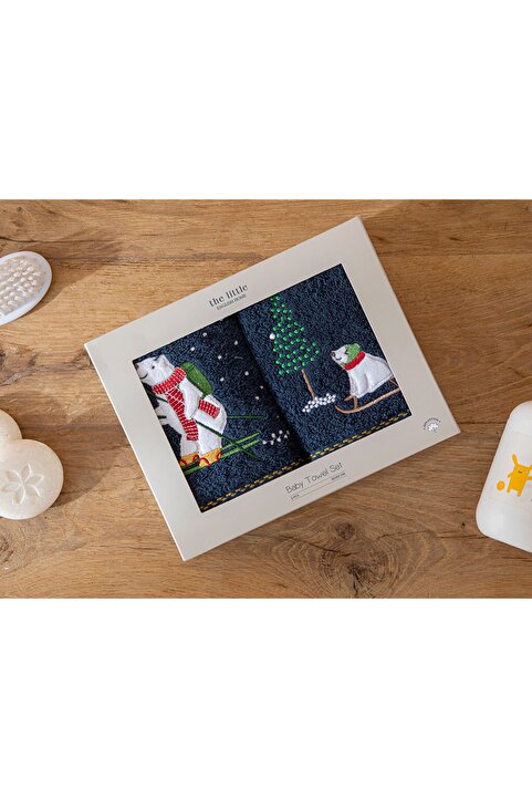 English Home Polar Bear Pamuklu 2'li Kutu Bebe Havlu 30x50 Cm Lacivert