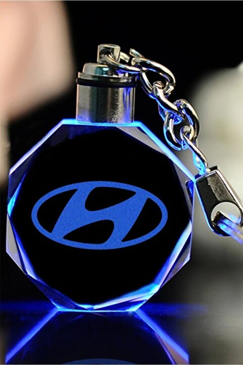 MERTKRİSTAL Hyundai Logolu 2d Patlatma Kristal Led Işıklı Anahtarlık, Araba Anahtarlığı