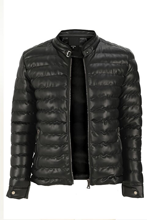 Oliggopol Erkek Siyah Slim Fit Içi Kürklü Su Geçirmez Şişme Deri Ceket & Mont