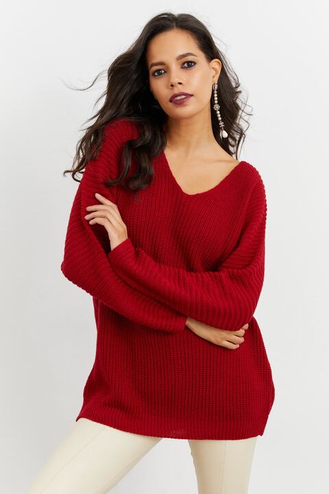 Cool & Sexy Kadın Bordo V Yaka Salaş Triko Tunik SMT158