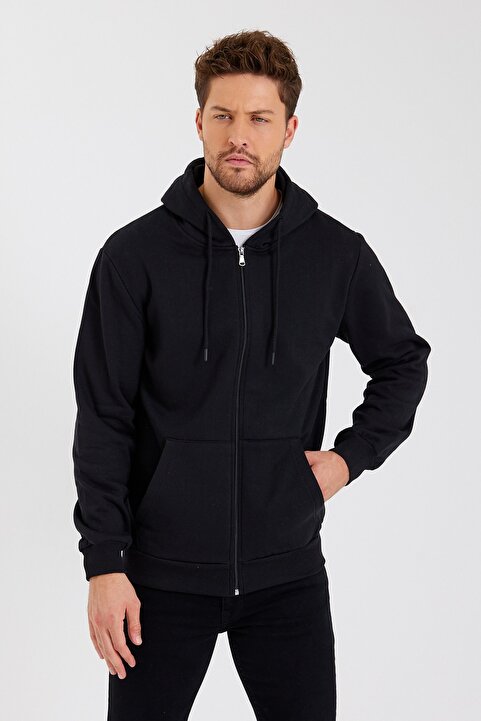 mmetalic Siyah Kanguru Cepli Kapüşonlu Fermuarlı Içi Pamuklu Erkek Sweatshirt