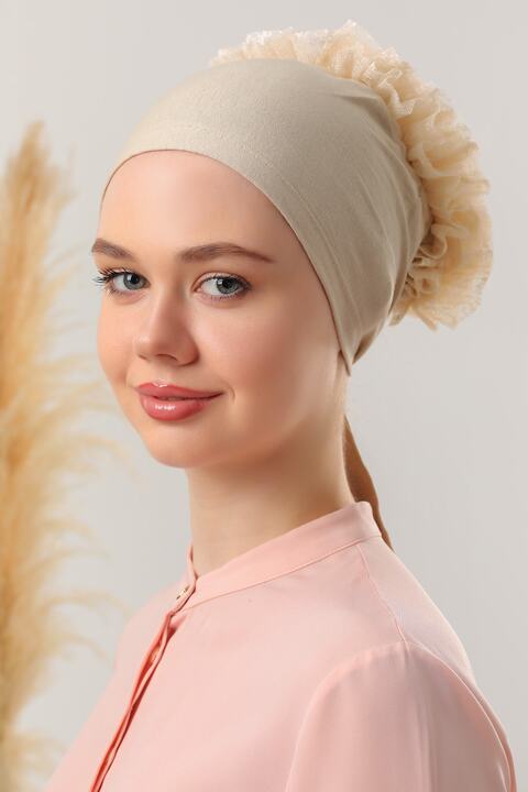 Melodi Scarf Kadın Tesettür Önü Dikişli Fırfırlı Penye Bone Bej