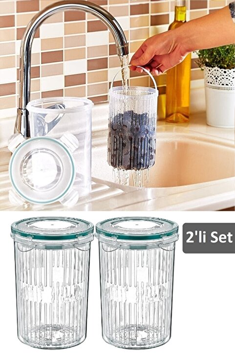 Meleni Home 2'li Set Süzgeçli Zeytinlik - Zeytin Turşu Saklama Kabı 1,5 Lt 351KSERI