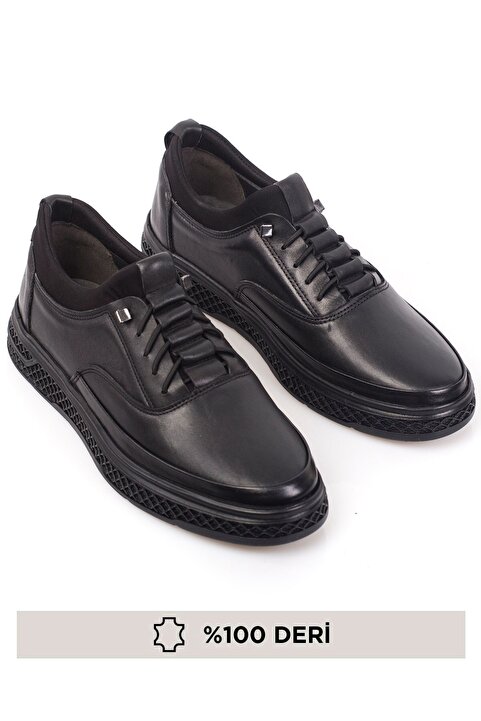 depderi Siyah - Hakiki Deri, Bagcıksız Deri Erkek Sneaker Ayakkabı