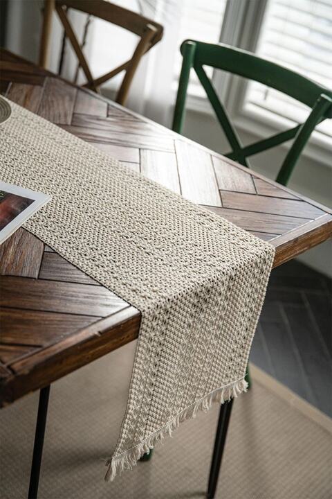 vivamaison Runner Masa Örtüsü Ham Pamuk Örme Dantel Püsküllü Krem 37x150 Cm