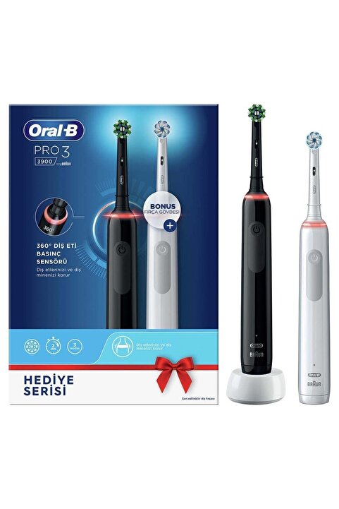 Oral-B Pro3 3900 Serisi Şarjlı Diş Fırçası 2'li Avantaj Paketi-Siyah/Beyaz