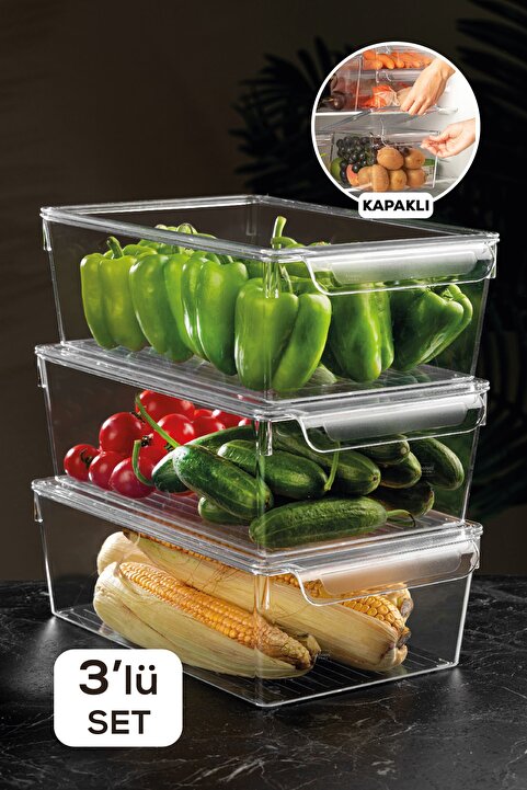 Meleni Home 3'lü Set Kapaklı Buzdolabı Düzenleyici Buzdolabı Içi Düzenleyici Organizer 10 X 32,5 X 20 Cm