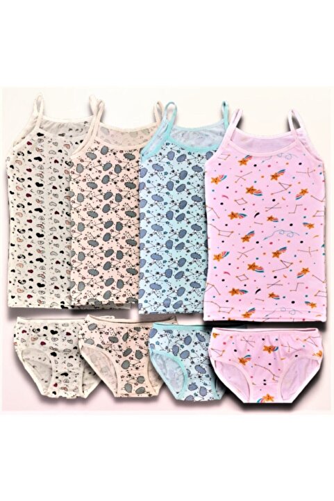 ADN Underwear 4 Adet Kız Çocuk Atlet Slip Külot Takım Pamuklu Renkli Desenli
