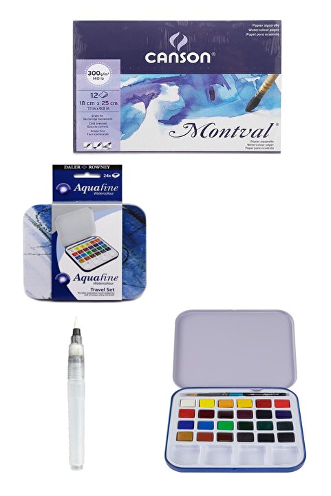 GLANCE Daler Rowney Aquafine 24'lü Tablet Suluboya Canson Suluboya Defteri 18x25cm 300gr Fırça Uçlu Kalem
