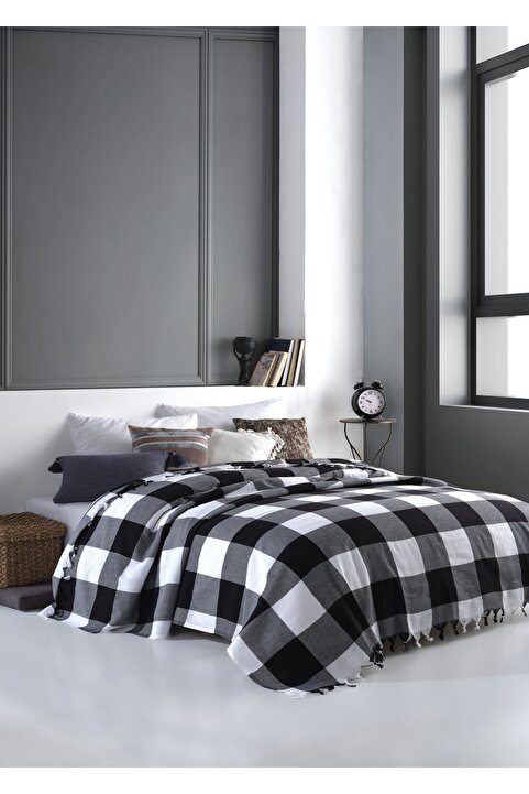 Lux Touch Scotch Siyah-Beyaz Çift Kişilik Pike 200 x 220 cm Koltuk Yatak Kanepe Örtüsü Pamuklu Dokuma
