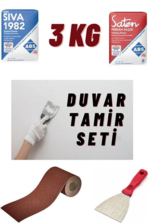 Genel Markalar 3 Kg Duvar Tamir Alçı Sıva Seti (2 Kg Sıva Alçı - 1 Kg Saten Alçı - Zımpara - Spatula)