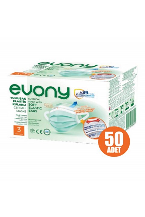 Evony 3 Katlı Filtreli Burun Telli Cerrahi Maske 50\\\\\\\\\\\\\\\'li Paket Yumuşak Elastik Kulaklı