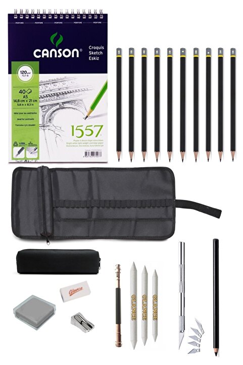 GLANCE Canson 1557 A5 Eskiz Defteri 120g Karakalem Çantalı Çizim Eskiz Seti Hamur Silgi Kömür Kalem