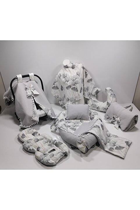 Balamira Waffle Gri Çiçekli 10 Lu Babynest Seti