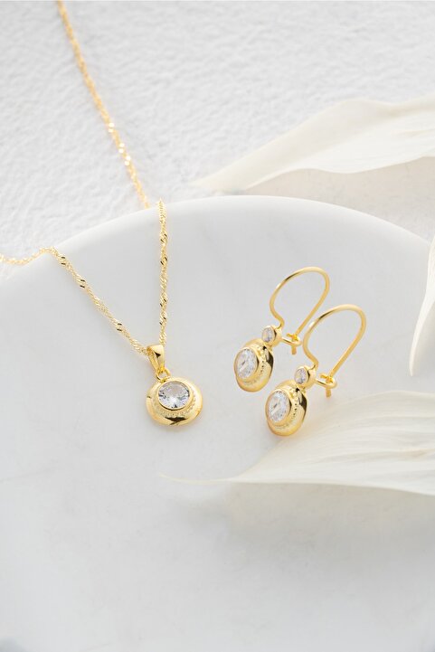 NEREZE 925 Ayar Gümüş Burgu Zincirli Gold Tektaş Model Küpe Ve Kolye Set