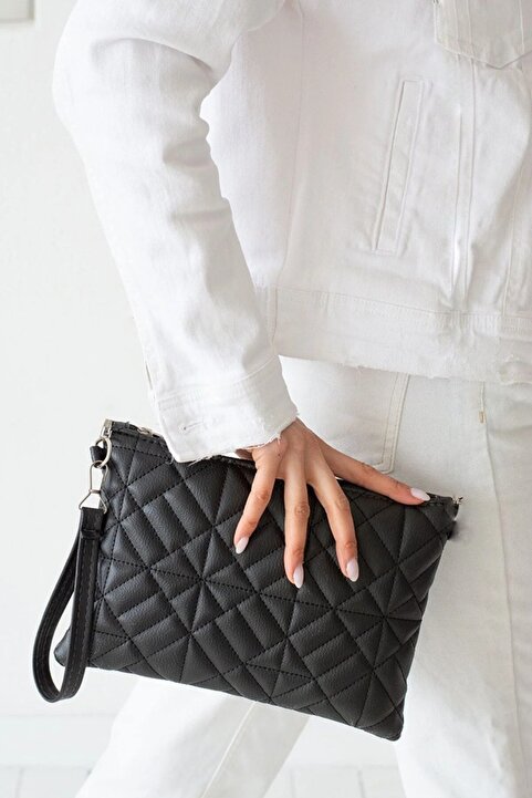 Defnella Siyah Desenli Portföy Clutch Çanta 25x19 Cm