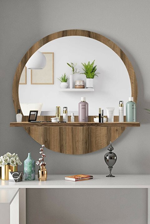 TARZDESİGN Yuvarlak Raflı 45cm Koridor Dresuar Konsol Duvar Salon Banyo Ofis Çocuk Yatak Oda Raflı Aynası