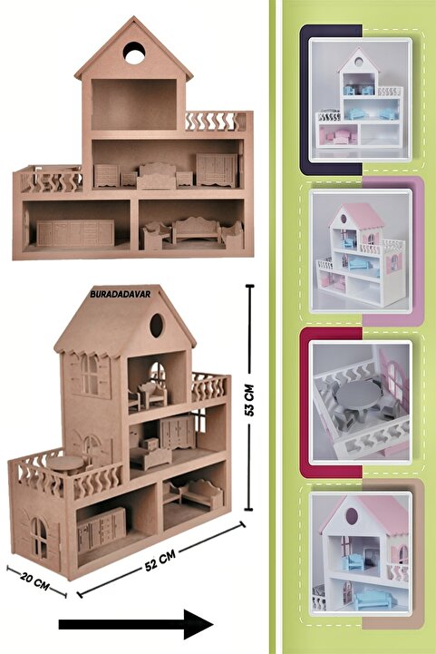 Buradadavar Hobi Ahşap Barbie Bebek Evi Oyuncak (15 ADET MOBİLYALI)