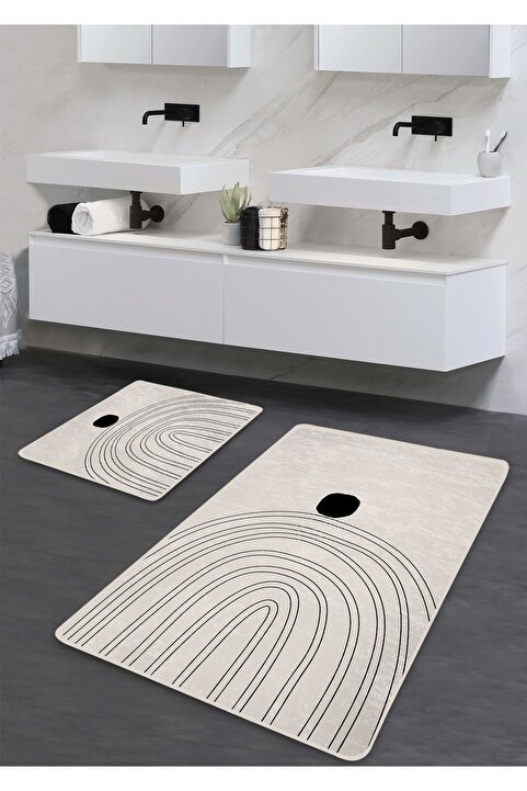 Pilloveland Kaymaz Taban Yıkanabilir 2’li Banyo Paspası - Ark Desenli 60*100 Cm - 50*60 Cm