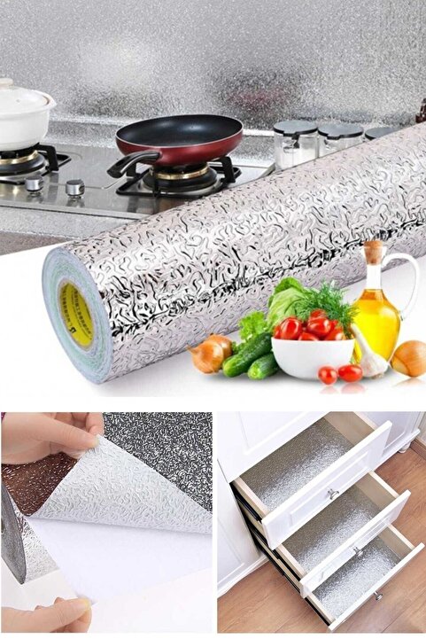 GELDİMİCOM Mutfak Tezgah Üstü Çekmece Içi Folyo Kaplama Gümüş Yapışkanlı 10 Metre X 40 Cm Kolay Silinir Lüx Mod