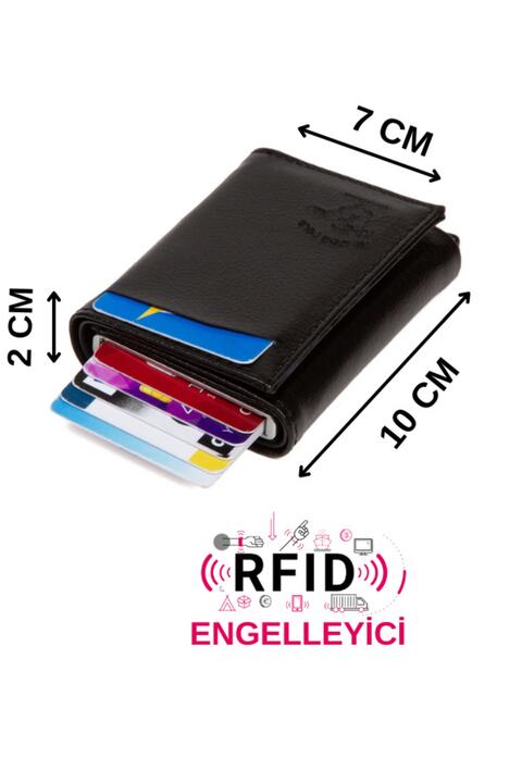 NEWISH POLO ACCESSORIES Siyah Deri Mekanizmalı Otomatik Kızaklı Kartlık Cüzdan Rfıd Korumalı Alemünyum Mekanizma(7CMX10CM)
