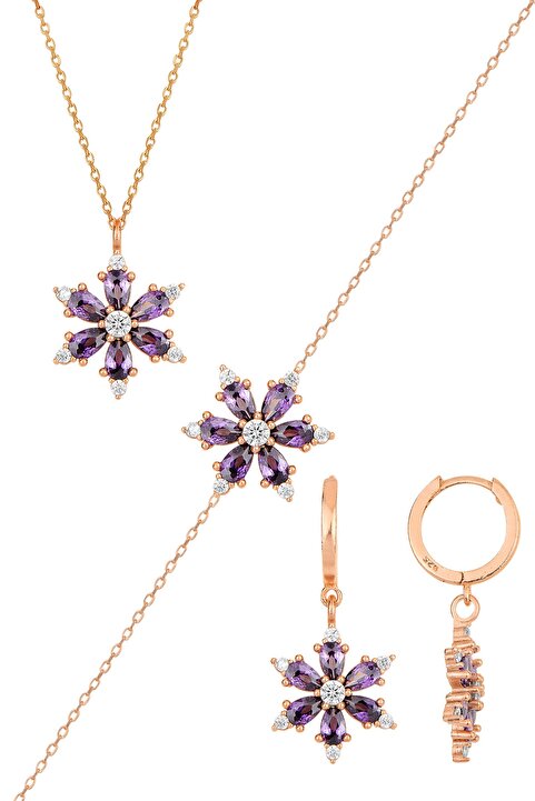 Bilsen Store Kadın 925 Ayar Gümüş Zincirli Rose Kaplama Ametist Damla Taşlı Lotus Kamelya Çiçeği Üçlü Set