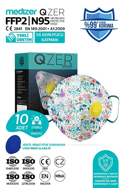 Medizer Qzer Bahar Çiçekleri Desenli 5 Katlı Ventilli Ffp2 Nr N95 Maske 10 Adet