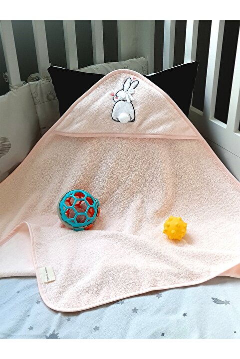 Tanem Home %100 Pamuk Pembe Tavşan Desen Nakışlı Bebek Havlu Kundak 75x75 Cm