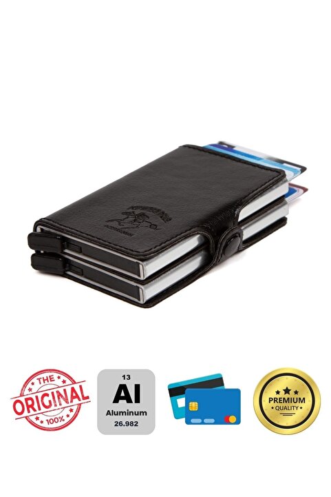Newish Adelina Orijinal Unisex Siyah Deri Çift Alüminyum Mekanizmalı Kartlık 7x10 Cm