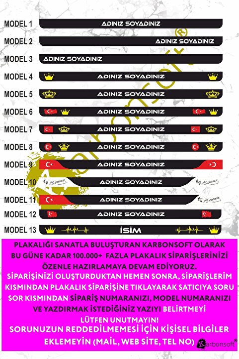 karbonsoft Kişiye Özel Isimli Kabartmalı Takmatik Araç Logo Oto Plakalık (1 TAKIM)
