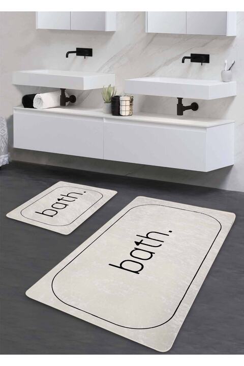Pilloveland Kaymaz Taban Yıkanabilir 2’li Banyo Paspası - Ekru Bath Desenli 60*100 Cm - 50*60 Cm