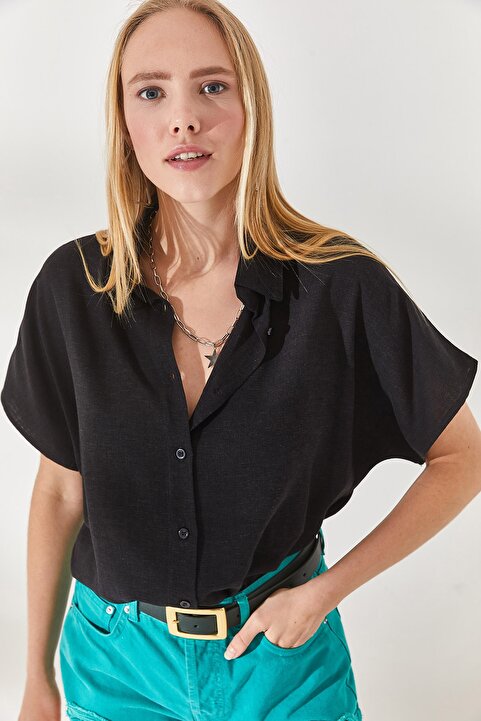 Olalook Kadın Siyah Yarasa Oversize Keten Gömlek  GML-19001109