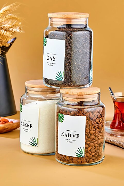 FBZhome 3'lü Ahşap Kapaklı Çay & Şeker & Kahve Kavanozu 800 Ml Vakumlu Saklama Kabı