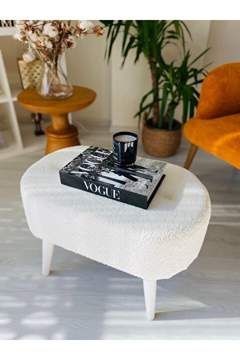 WEBPANYA Gürgen Beyaz Ahşap Ayak Kırık Beyaz Pofidik Tedy Handmade Oval Puf Bench Sandalye