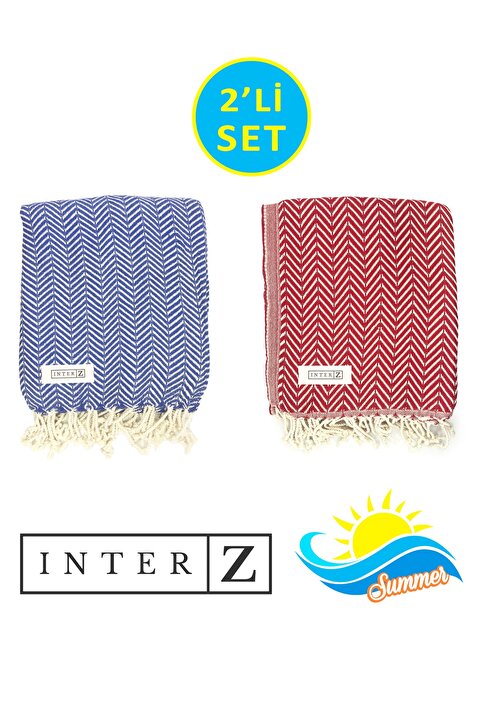INTER Z 2'li Set Peştemal Plaj Havlusu , %100 Pamuk , Xxl 100x180cm, Marmaris, Lacivert Kırmızı