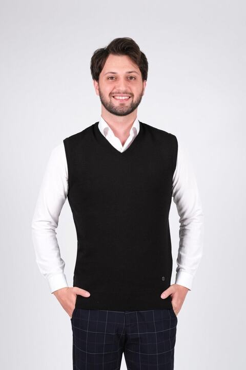 Çizgi Triko Erkek Triko Süveter V Yaka Siyah Renk Kışlık Dokuma Regular Kalıp