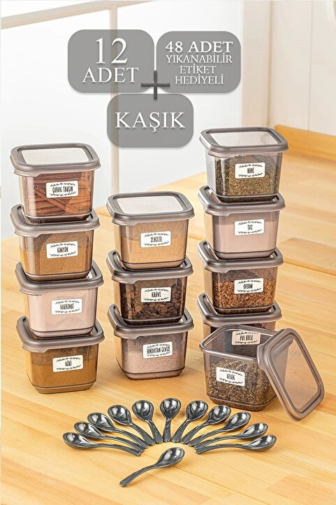 Meleni Home 12'li Set Pino Baharatlık - Etiketli Kare Baharat Saklama Kabı Seti Antrasit 12 X 0.50 Lt Kaşıklı