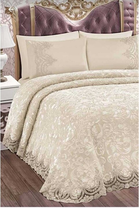 SAHRA HOME Krem Fransız Güpürlü Çift Kişilik Yatak Örtüsü