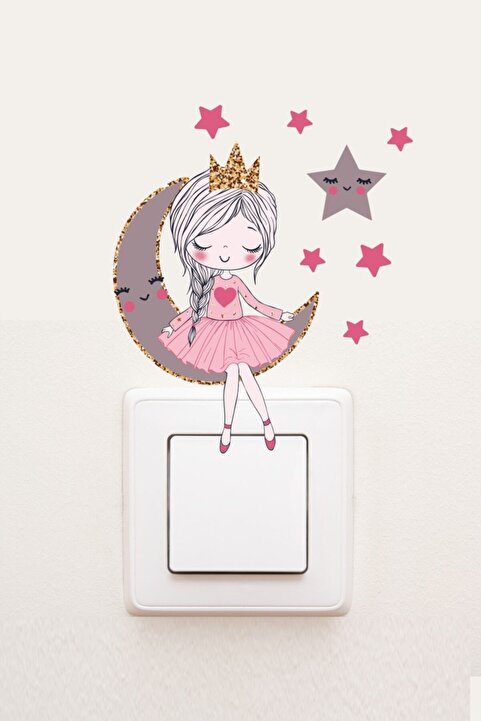 Sim Tasarım - Priz- Ayda Oturan Sevimli Kız Çocuk Odası Dekor Priz Sticker