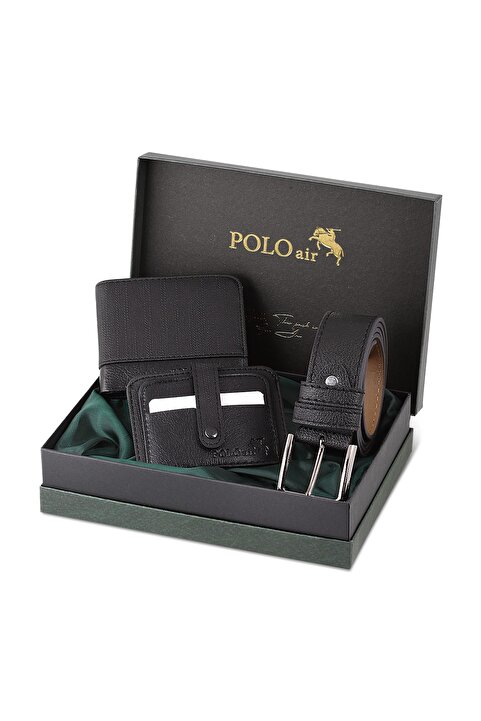 polo air Kutulu Spor Siyah Erkek Cüzdan Kemer Kartlık Seti