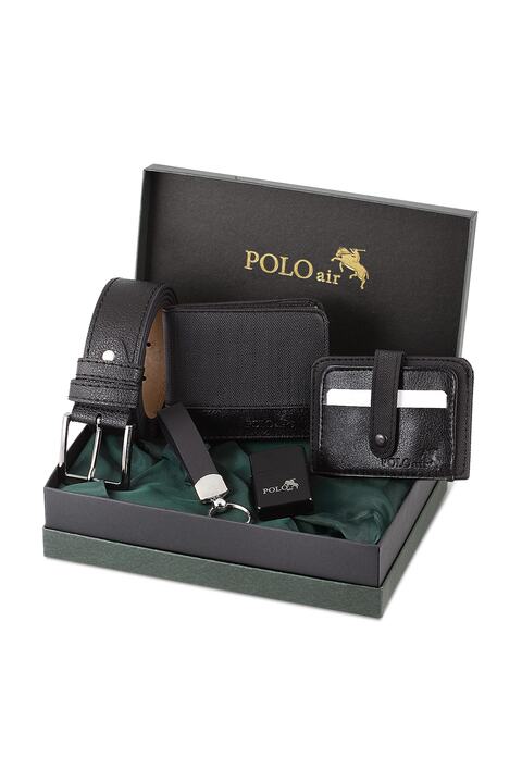 polo air Kemer Cüzdan Kartlık Anahtarlık Çakmak Hediyelik Kutusunda Siyah Set