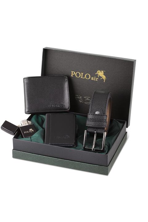polo air Kutulu Siyah Klasik Erkek Cüzdan Kemer Kartlık Benzinli Çakmak Seti