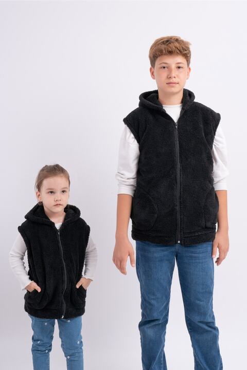 Sweet's Collection Çocuk Kapüşonlu Cepli Welsoft Peluş Yelek